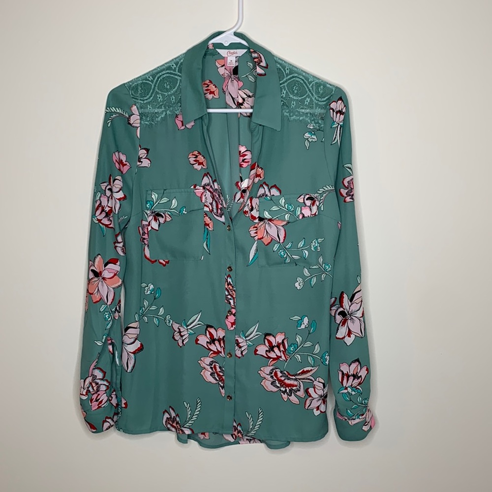 Sheer teal floral blouse with lace accents